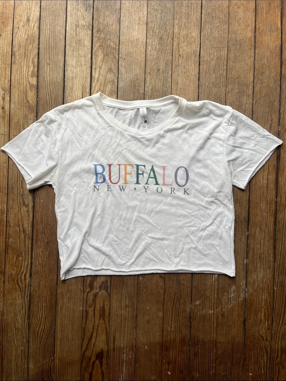 Next Level Apparel White Crop Tee with Multicolor Buffalo New York Logo